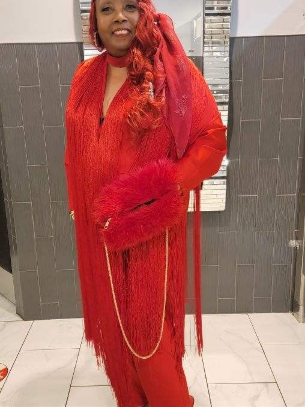 AKIRA Red Long-Sleeve Fringe V-Neck Dress with Choker Detail - Picture 2 of 3